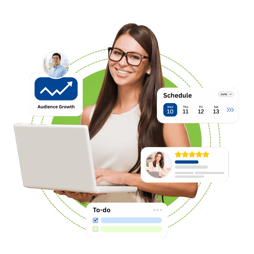 Female virtual assistant with a laptop surrounded by icons for audience growth, calendar scheduling, to-do tasks, and customer ratings