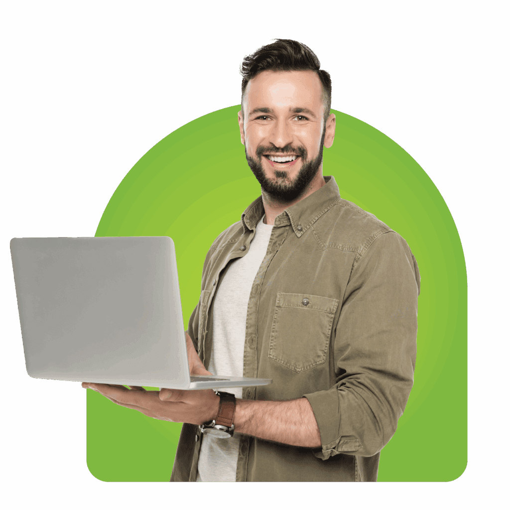 Smiling man with laptop on green background for business and technology support